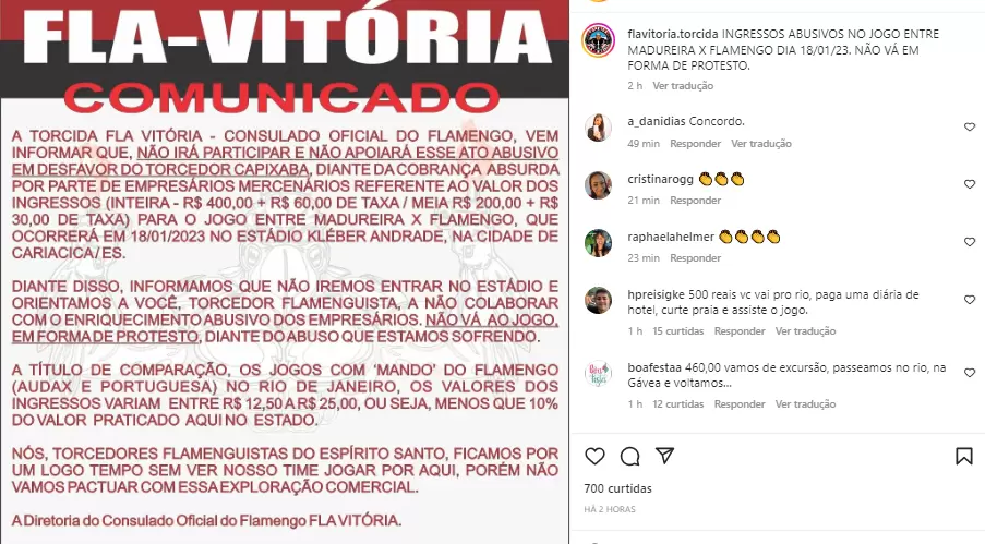 Torcida FLA-Vitória pede que torcedores não compareçam em Flamengo x Madureira em forma de protesto