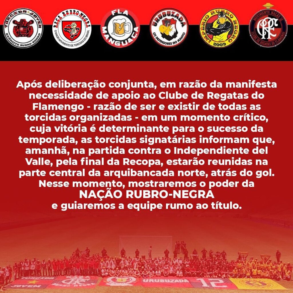 Nota das Torcidas Organizadas do Flamengo sobre a união para a partida contra o Del Valle, pela Recopa