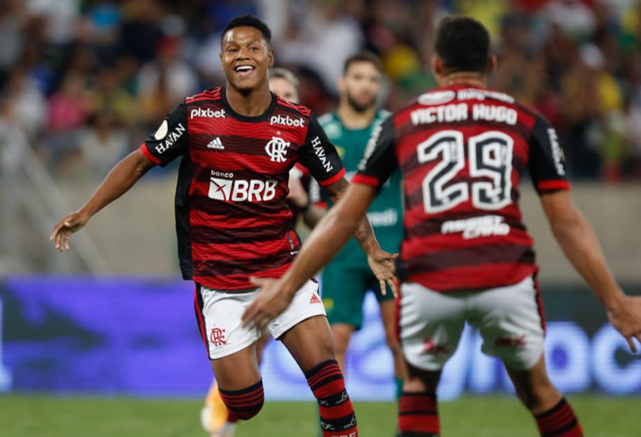 Matheus França e Victor Hugo comemoram gol do Flamengo