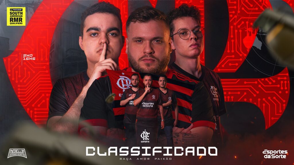 Jogadores da equipe de CS do Flamengo Medellin e a palavra "Classificado" embaixo
