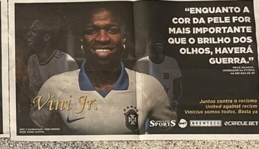 Encarte do Jornal dos Sports homenageia Vinícius Júnior antes de Flamengo x Cruzeiro no Maracanã