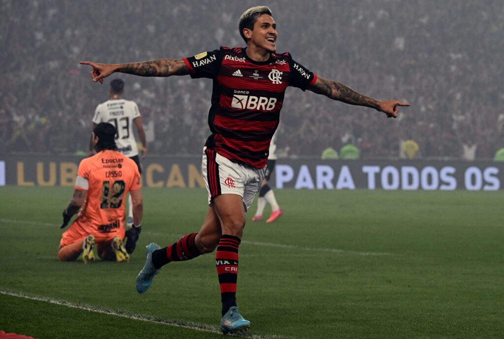 Pedro comemora gol do Flamengo sobre o Corinthians