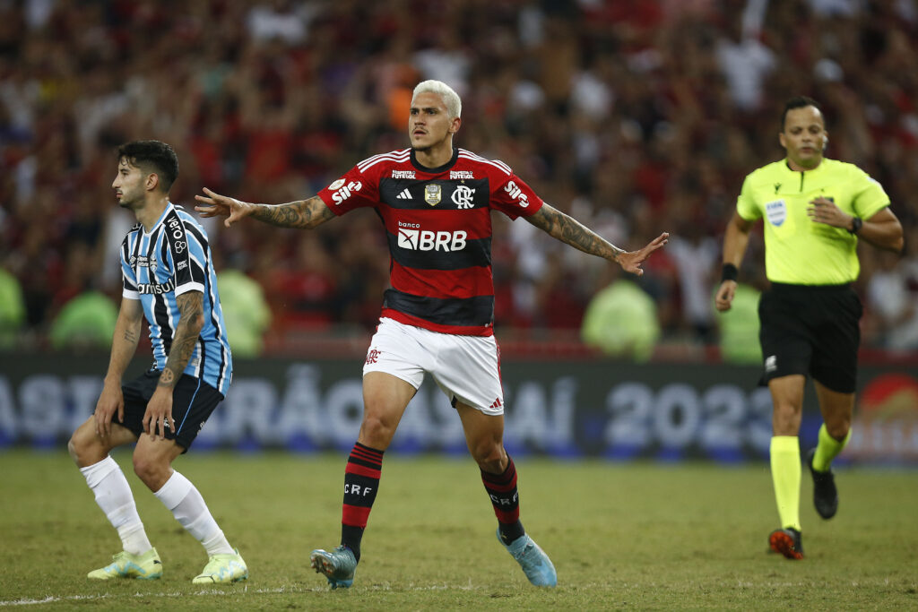 Pedro comemora gol em vitória do Flamengo sobre o Grêmio pelo Campeonato Brasileiro; clube gaúcho divulgou informações sobre ingressos