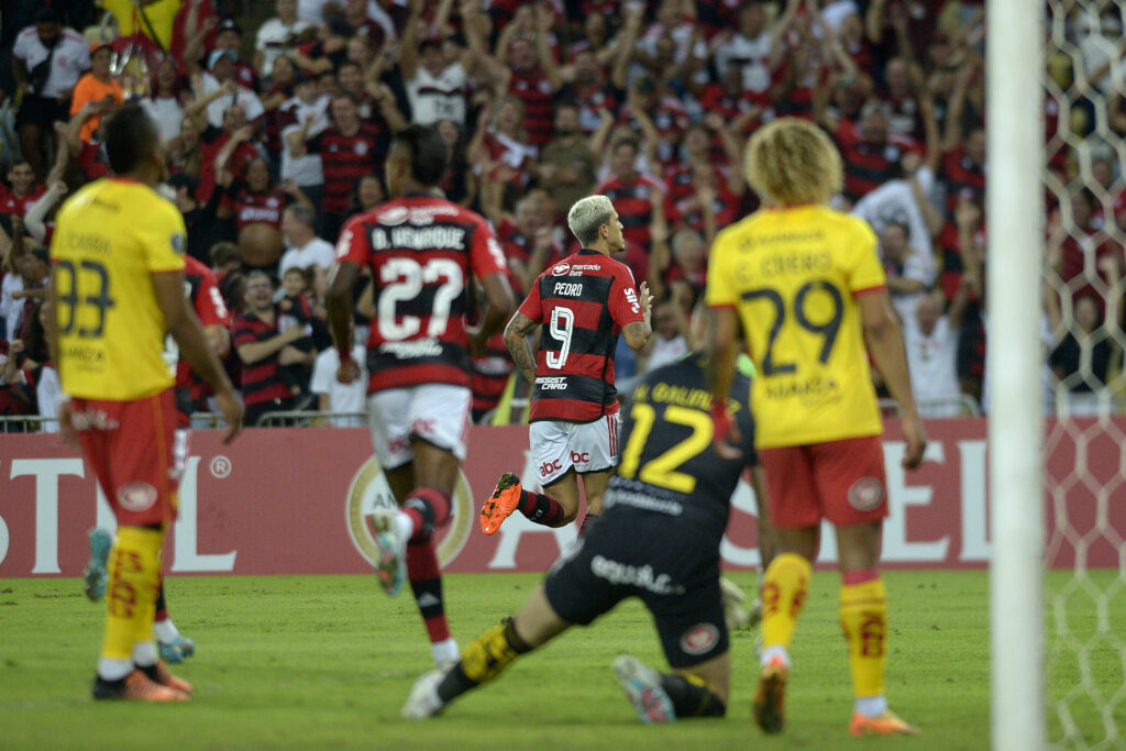 Pedro comemora gol pelo Flamengo na Libertadores