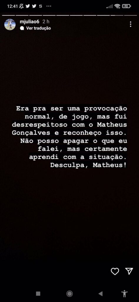 Matheus Julião, do sub-20 do Vasco, se desculpa com Matheus Gonçalves
