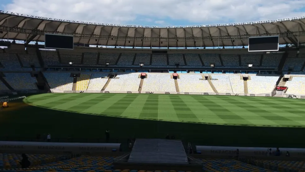 Gramado do Maranã com sombra próxima ao gol Norte; sombra é um dos problemas para qualidade ruim do gramado e prejudica Flamengo