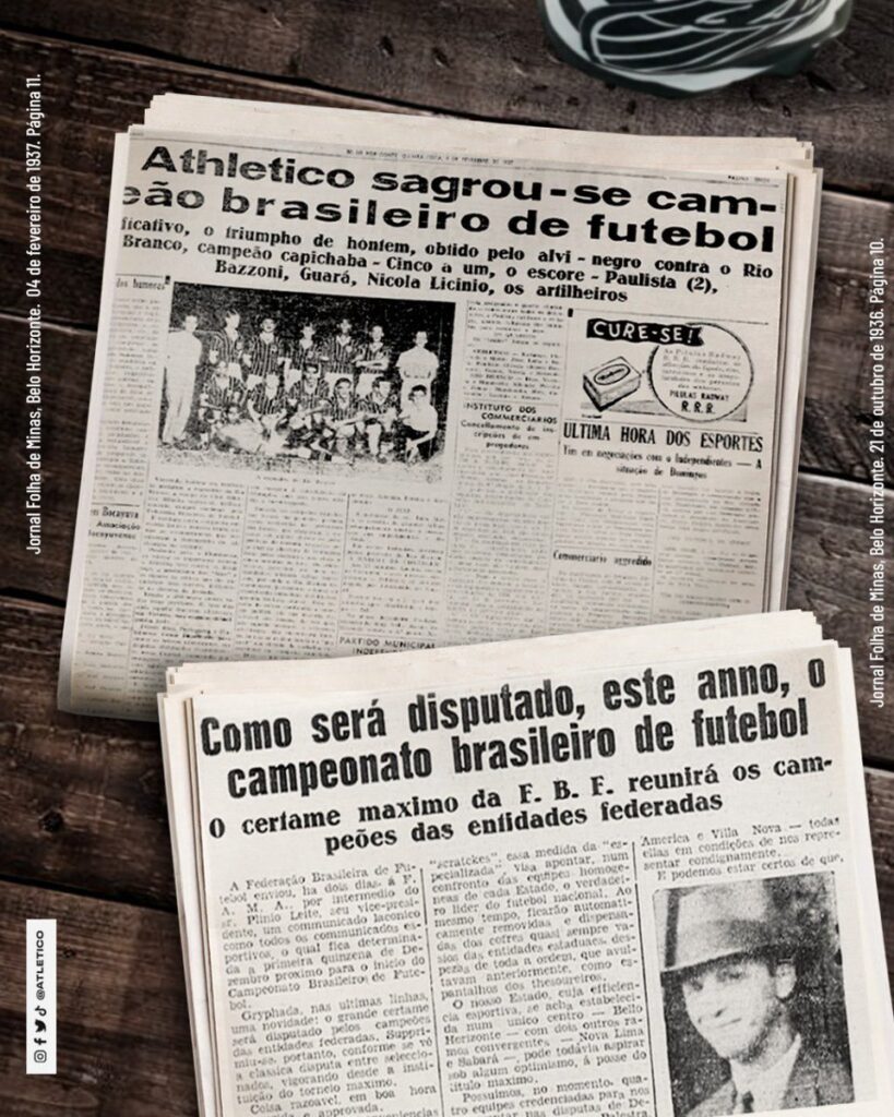 Material de divulgação do Atlético Mineiro mostra jornais municipais celebrando campeonato