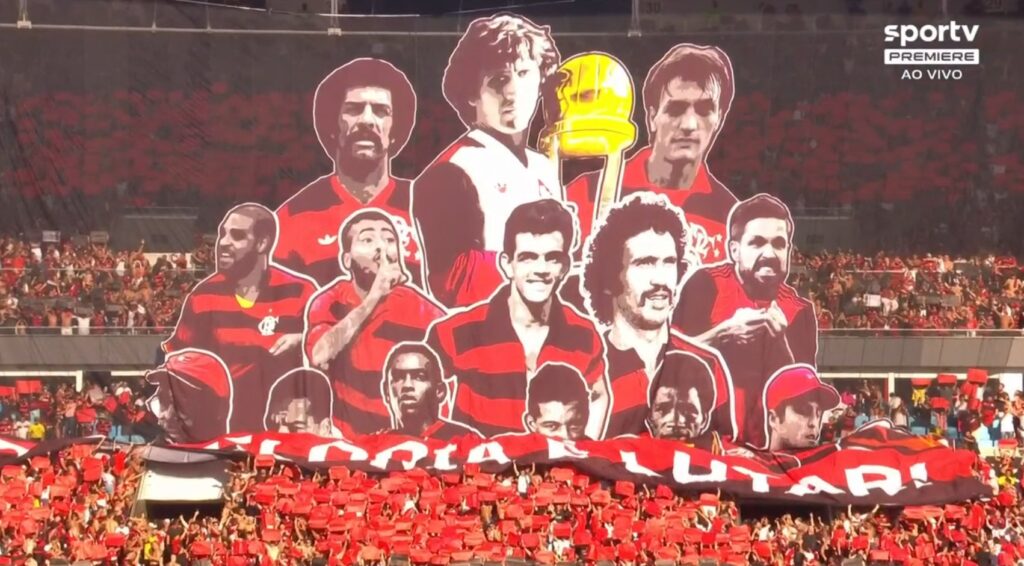 Mosaico 3D com mais de 30 ídolos do Flamengo abrilhanta festa das arquibancadas final da Copa do Brasil no Maracanã