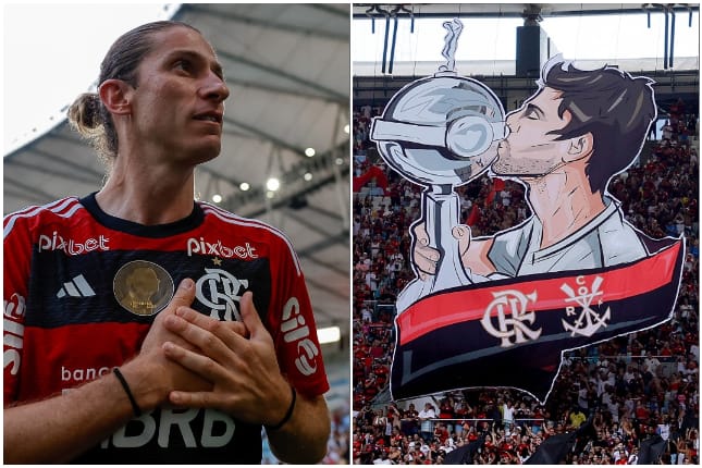 Foto 1: Rodrigo Luiz agradece homenagens da torcida com as mãos no escudo do Flamengo. Foto 2: Torcida do Flamengo sobre imagem de Rodrigo Caio beijando a taça da Libertadores.