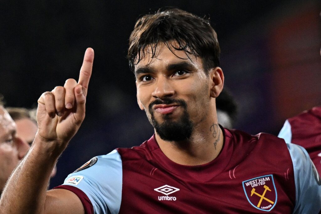 West Ham United's Brazilian midfielder #10 Lucas Paqueta celebrates scoring the opening goal during the UEFA Europa League group A football match between West Ham United and Olympiacos