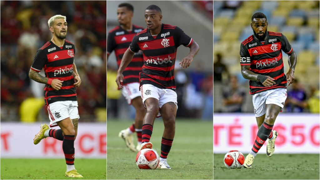 Arrascatea, De La Cruz e Gerson em campo pelo Flamengo; Tite comentou escalação ideal do Flamengo