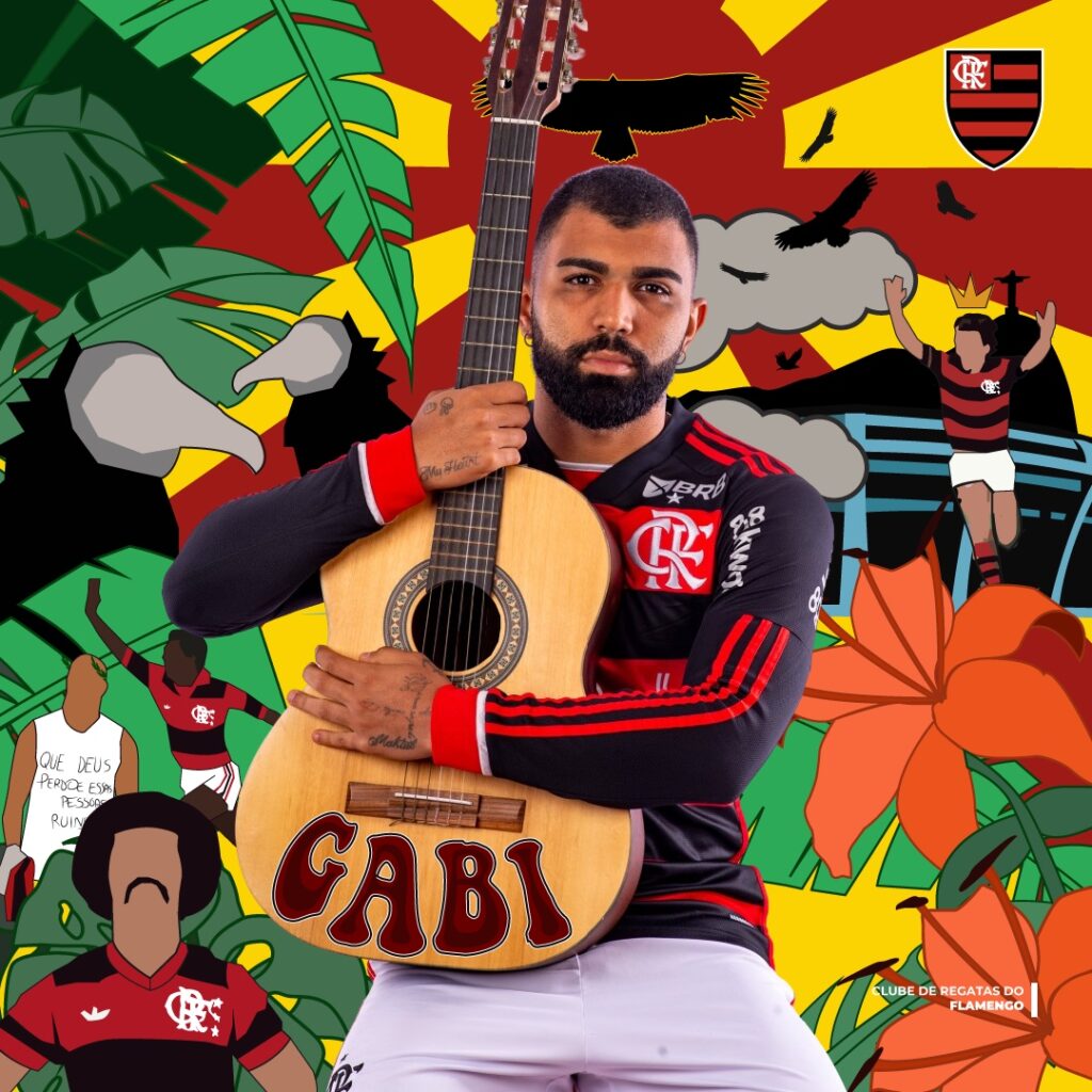 Gabigol em releitura do Flamengo da capa do álbum Samba Esquema Novo, de Jorge Ben Jor