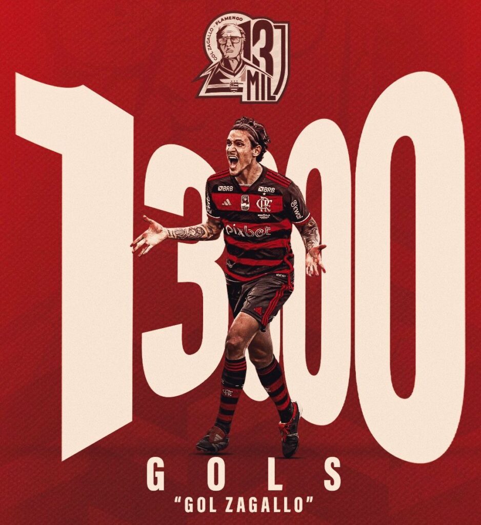 Arte nas redes sociais do Flamengo chama gol 13.000 marcado por Pedro de gol Zagallo