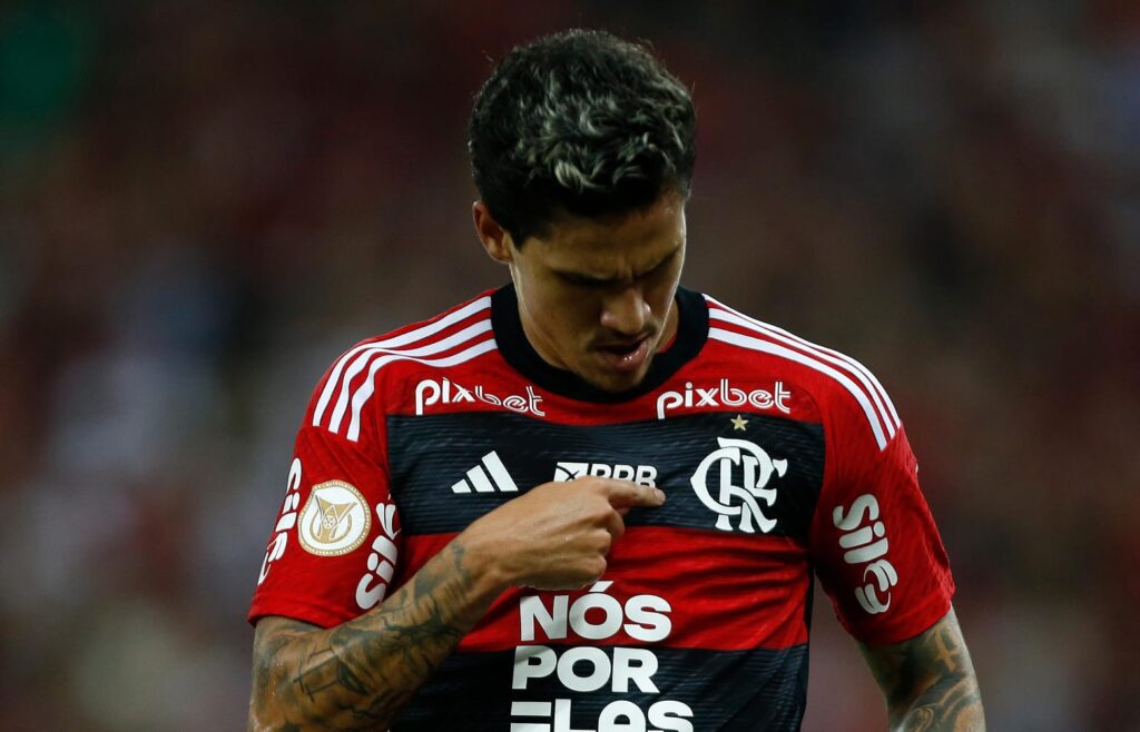 Pedro comemora gol apontando para escudo do Flamengo