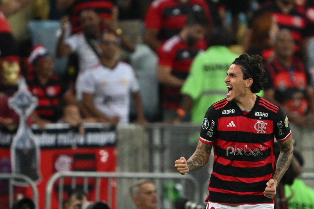 Pedro comemora gol do Flamengo contra o Palestino
