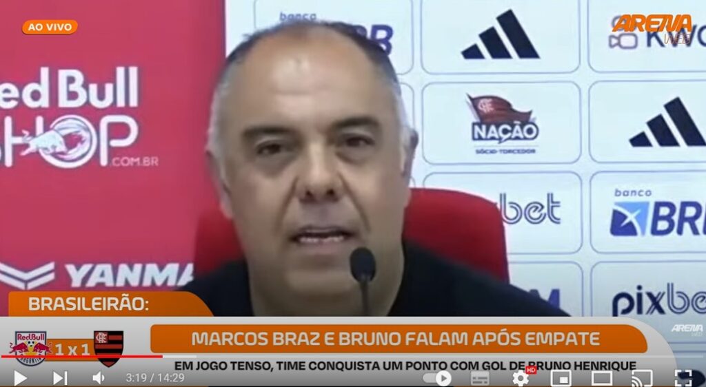 Marcos Braz durante coletiva após Bragantino x Flamengo
