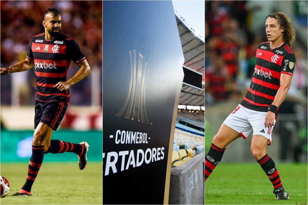 Foto dividida: Fabrício Bruno na esquerda, banner da Libetadores no meio e David Luiz na direita em Flamengo x Millionarios