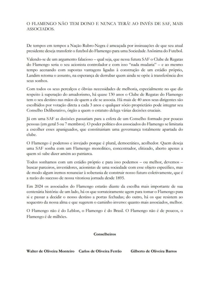 Carta dos Conselheiros do Flamengo contra SAF