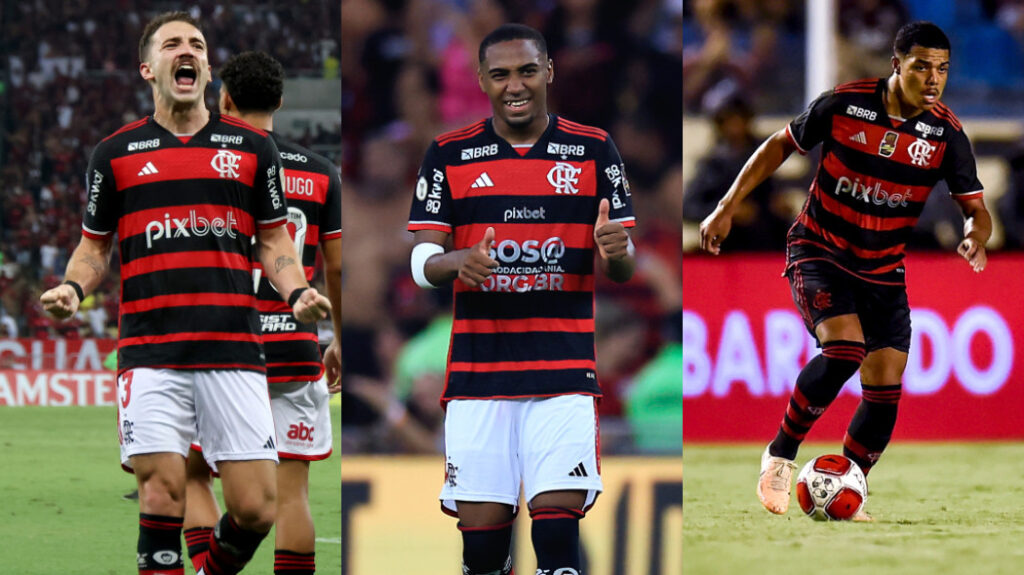 Léo Ortiz, Lorran e Igor Jesus em jogos do Flamengo; trio será titular contra o Grêmio