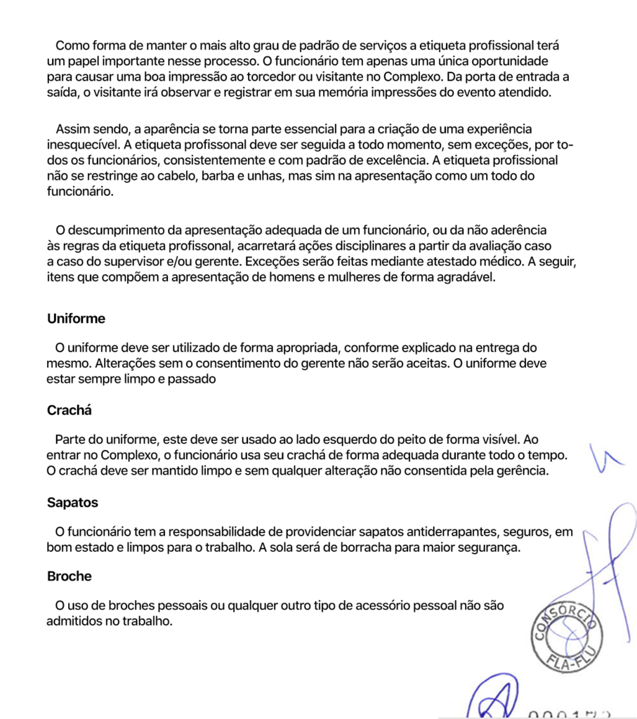 Reprodução de outro trecho da cartilha de normas para os funcionários do Consórcio Fla-Flu, que administra o Maracanã
