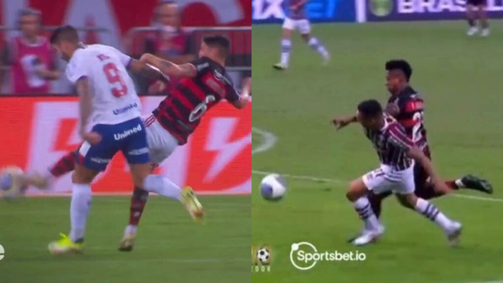Comparação entre os lances do gol do Bahia sobre o Flamengo e o de pênalti de Bruno Henrique contra o Fluminense