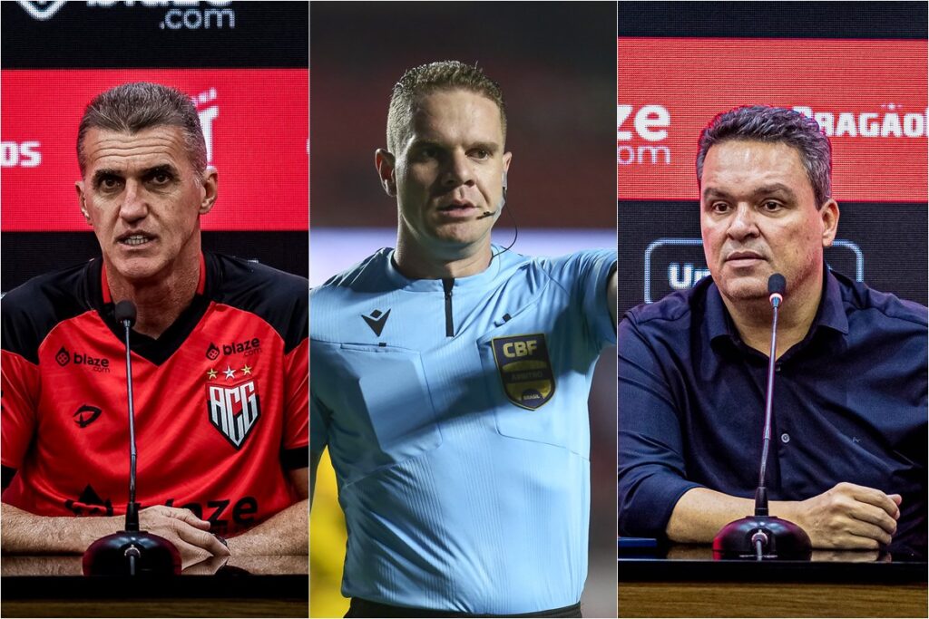 Montagem com Vagner Macini, treinador do Atlético-GO, à esquerda; o árbitro Gustavo Bauermann no centro; e Adson Batista, CEO do clube goiano à direita