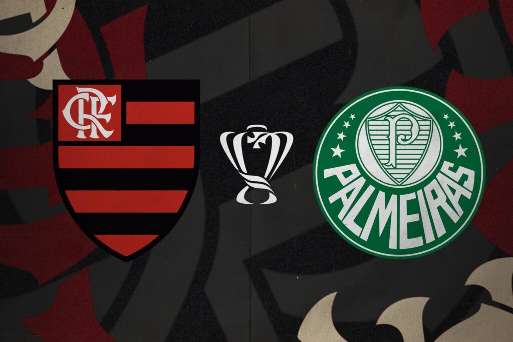 Escudo do Flamengo (esquerda) e Palmeiras (direita) com desenho do troféu da Copa do Brasil no centro