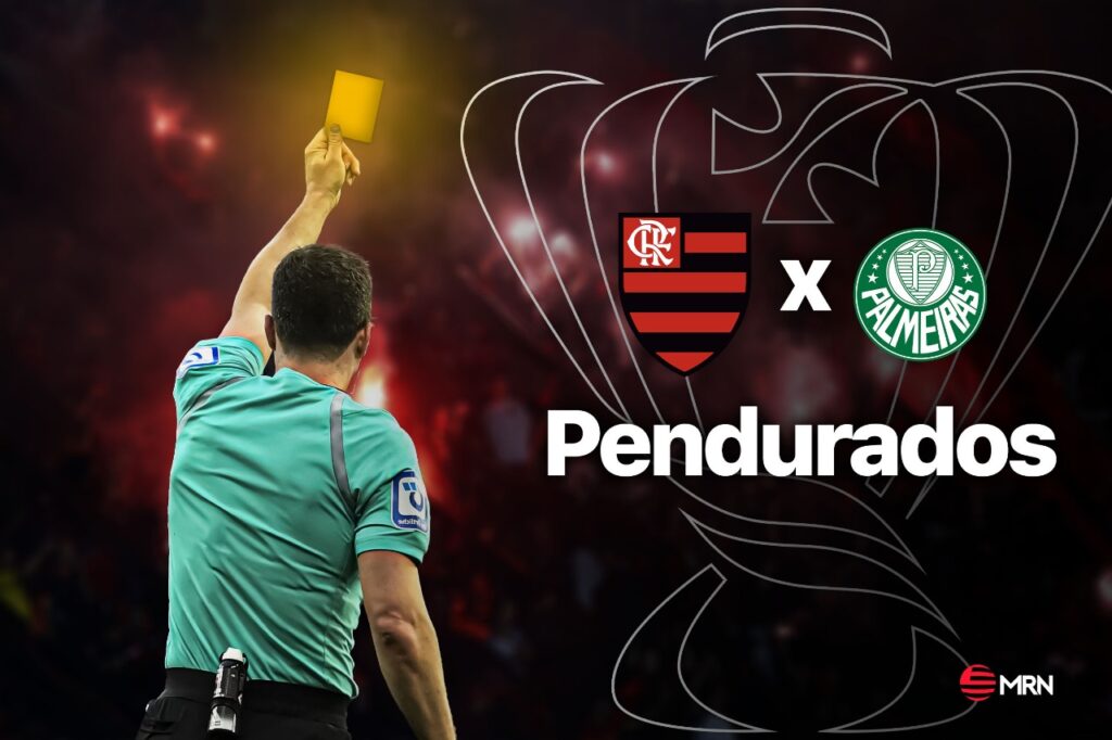 Arte de pendurados do Flamengo e Palmeiras com juiz dando cartão amarelo, escudos dos times e contorno do troféu da Copa do Brasil