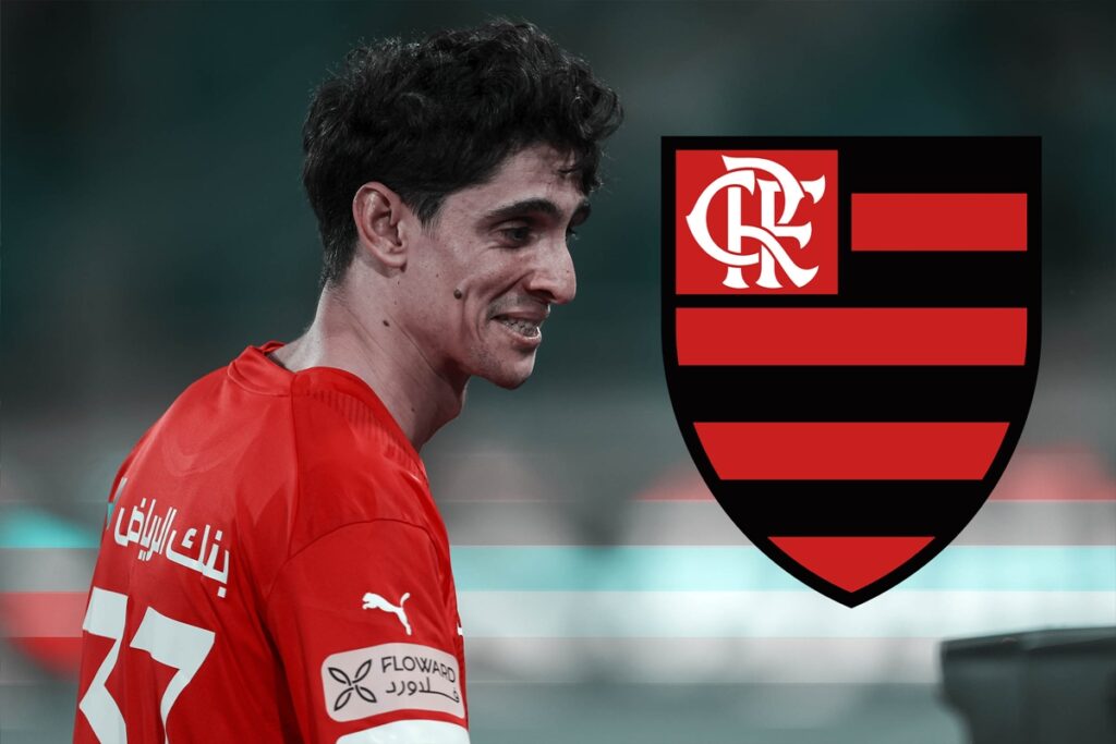 Goleiro Bounou, do Al Hilal, sorridente e montagem com escudo do Flamengo