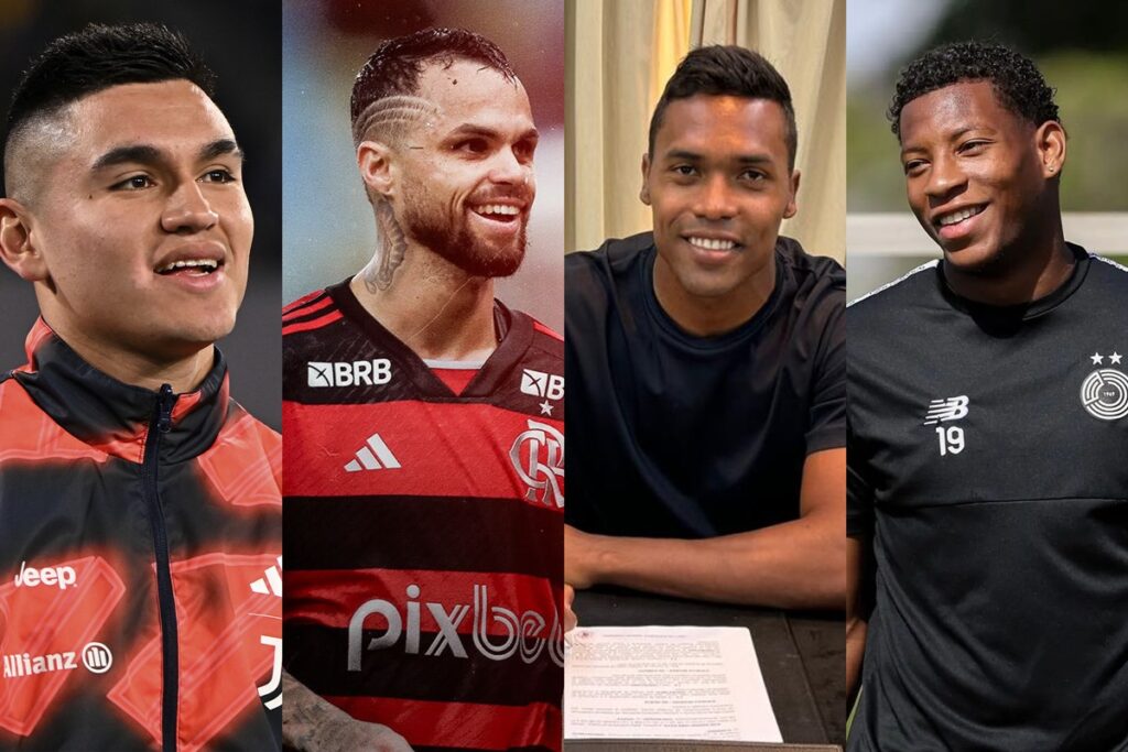 Montagem com Carlos Alcaraz, Michael, Alex Sandro e Gonzalo Plata, contratações ou futuros reforços do Flamengo