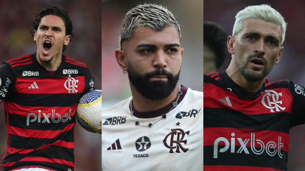 Pedro, Gabigol e Arrascaeta em jogo do Flamengo na Libertadores; clube nunca jogou 1 jogo sem o trio no mata-mata do torneio desde 2020