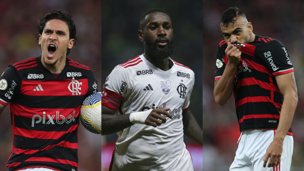 Pedro, Gerson e Fabrício Bruno em jogos do Flamengo; trio pode ser convocado para a Seleção Brasileira