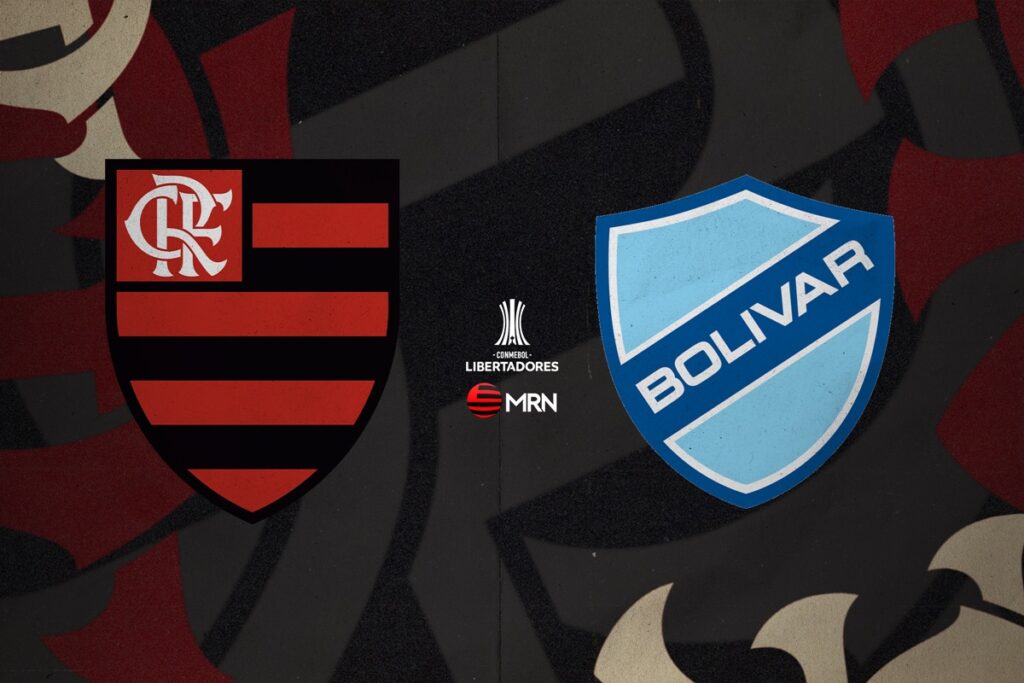 Imagem com elementos rubro-negros ao fundo e escudos de Flamengo (à esquerda) e Bolívar (à direita); ao meio o símbolo da Libertadores e logo MRN