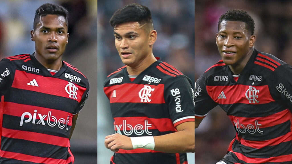 Alex Sandro, Carlos Alcaraz e Plata em jogos do Flamengo; trio poderá jogar contra o Peñarol na Libertadores