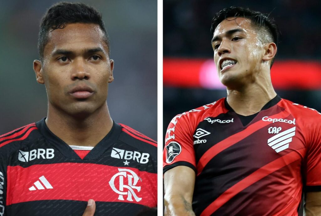 Alex Sandro, do Flamengo, leva mão ao peito e Tomás Cuello lamenta chance perdida pelo Athletico