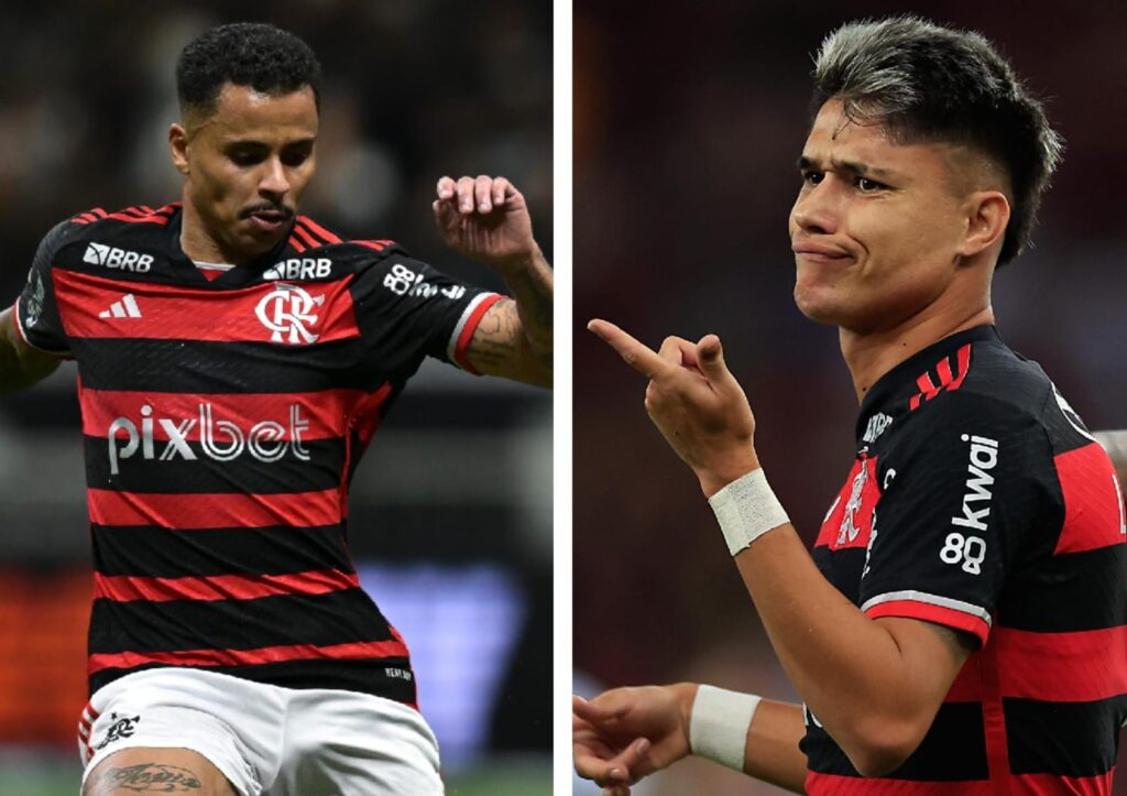 Allan olha para bola e Luiz Araújo comemora gol pelo Flamengo com expressão debochada e apontando dedo