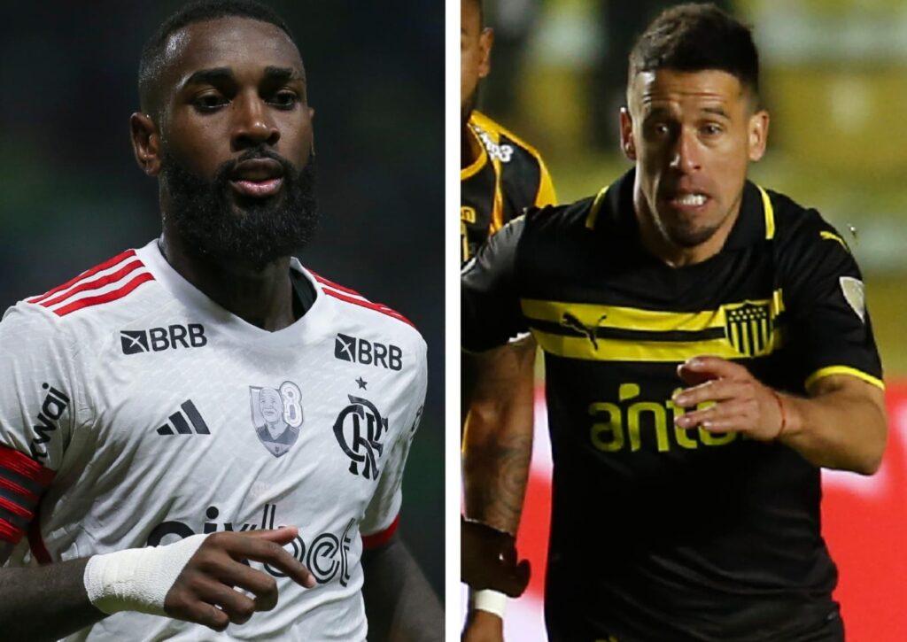 Gerson corre pelo Flamengo e Cabrera em dividida pelo Peñarol