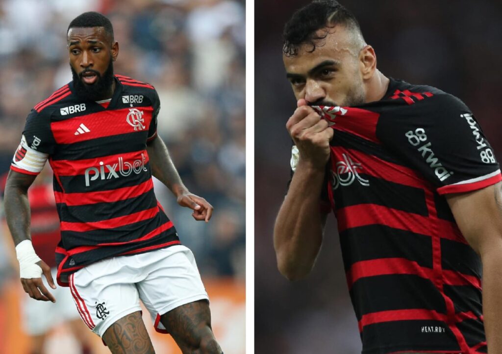 Gerson conduz bola e Fabrício Bruno beija escudo do Flamengo