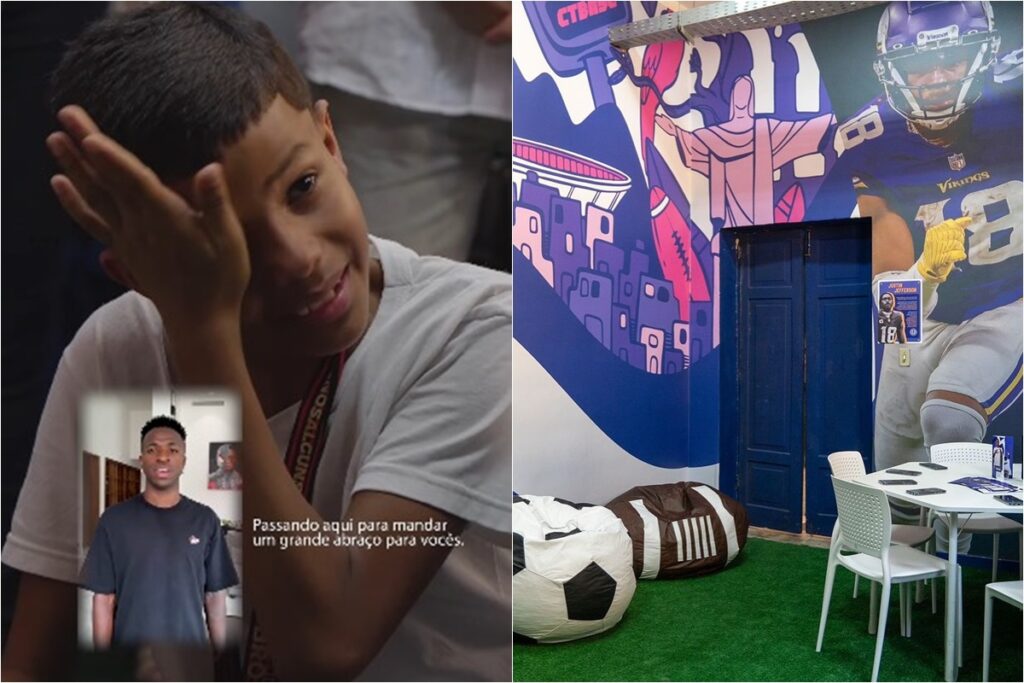 Montagem de estudante chorando ao assistir mensagem de Vini Jr e do novo Centro de Tecnologia da Escola Municipal Estados Unidos, no Rio de Janeiro