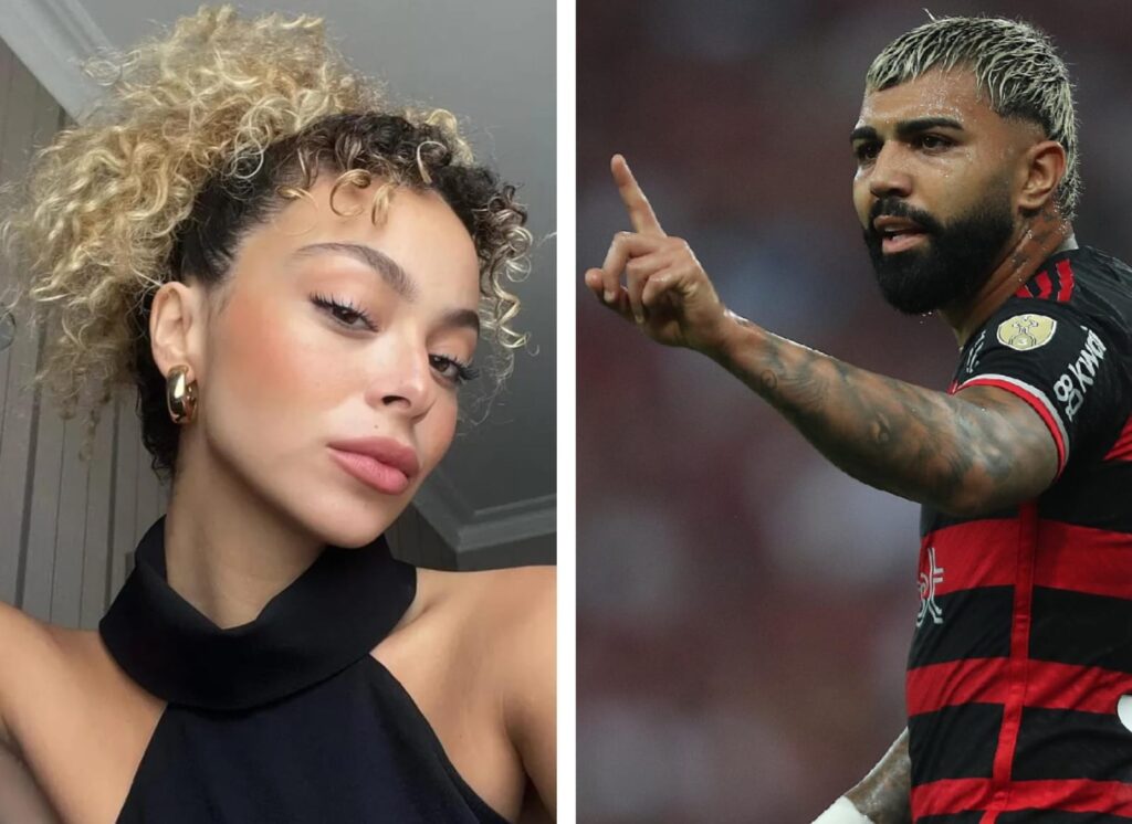 Julia Rodrigues de look preto e Gabigol fazendo gesto em campo pelo Flamengo