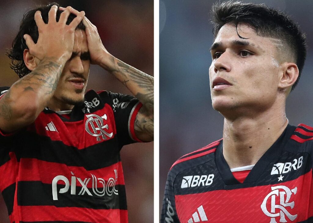 Pedro leva mãos ao rosto e Luiz Araújo observa jogada em partida do Flamengo