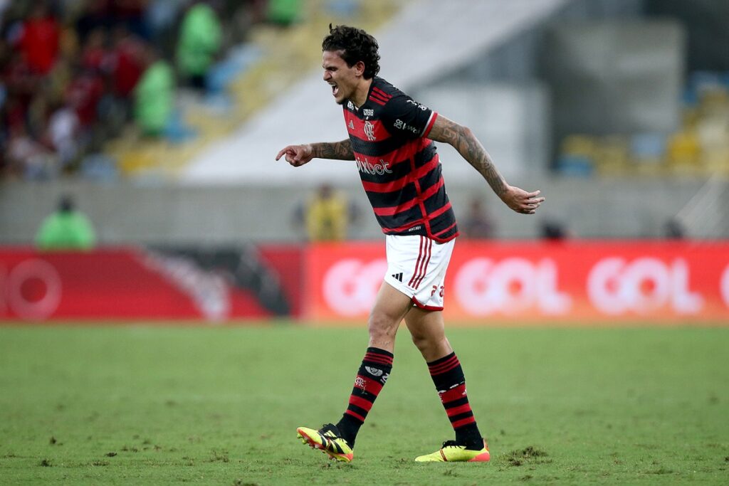 Pedro mancando e com semblante de dor durante jogo do Flamengo contra o São Paulo pelo Brasileirão 2024