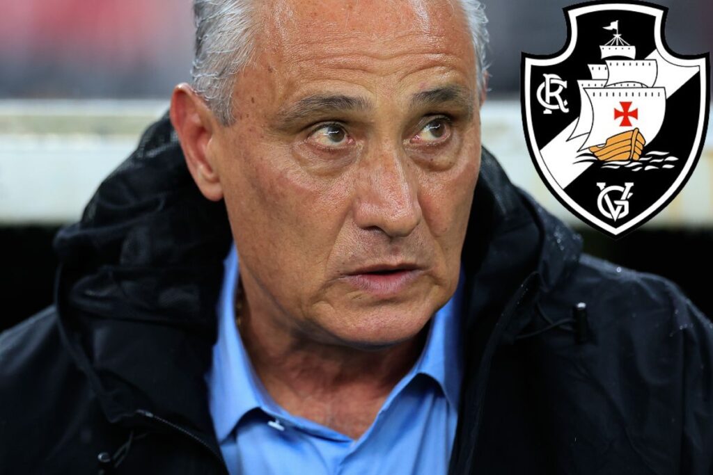 Montagem de Tite com olhos fixados e escudo do Vasco da direção do seu olhar com alusão ao Flamengo de olho no próximo jogo do Vasco