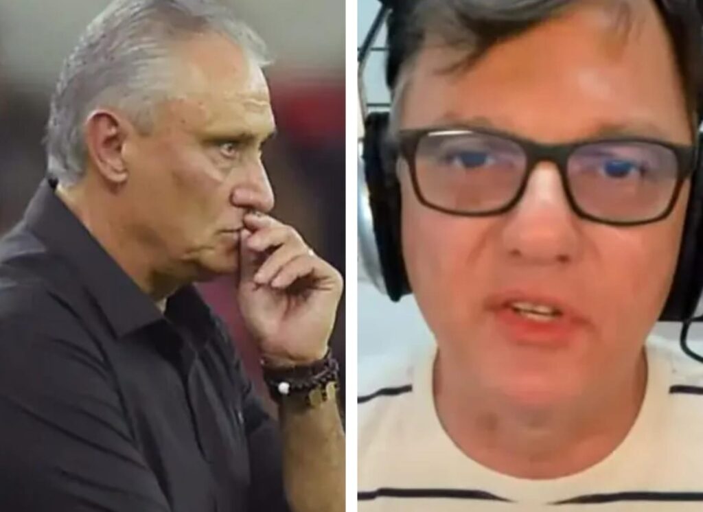 Tite observa jogo com mão no queixo e Mauro Cezar com headphone em live