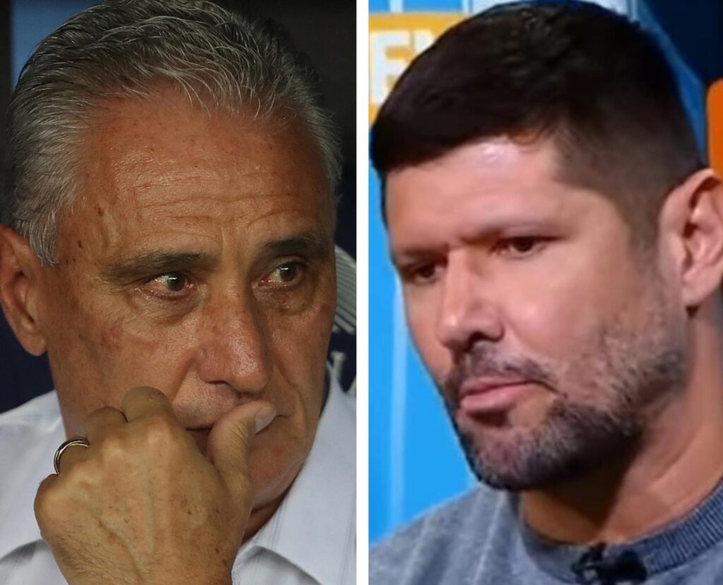 Tite pensativo com mão no rosto e Fábio Luciano discursando sobre o Flamengo ao vivo