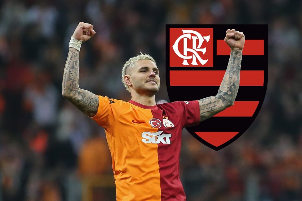 Montagem de Icardi comemorando de maneira similar a Gabigol pelo Galatasaray e escudo do Flamengo ao fundo