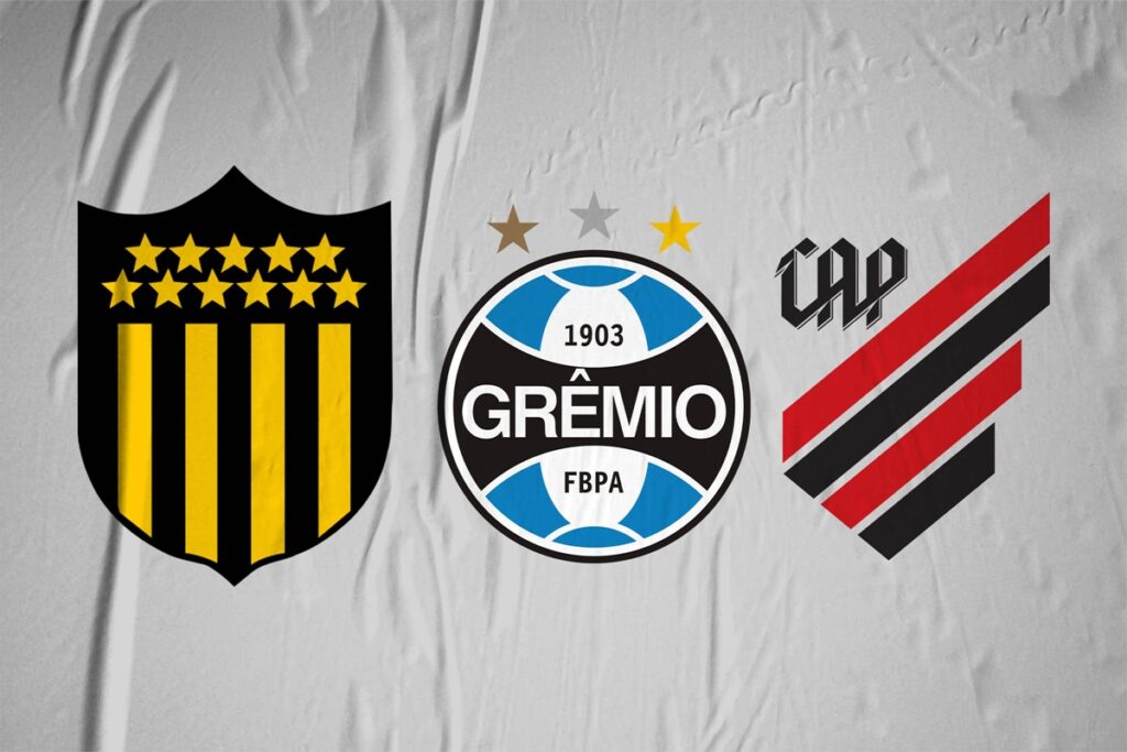 Montagem com os escudos de Peñarol, Grêmio e Athletico-PR, adversários dos próximos jogos do Flamengo