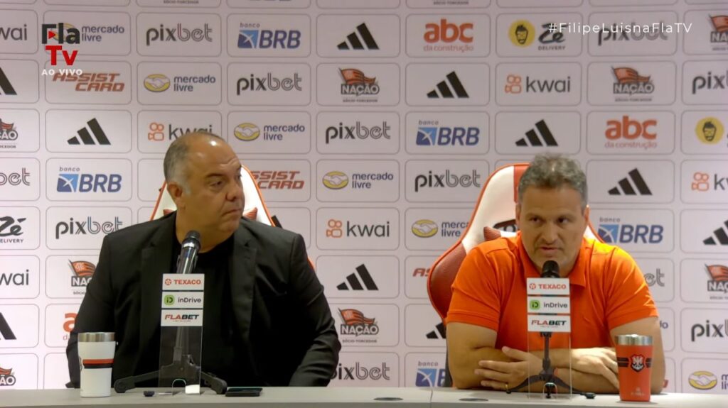 Marcos Braz e Bruno Spindel em entrevista coletiva do Flamengo.