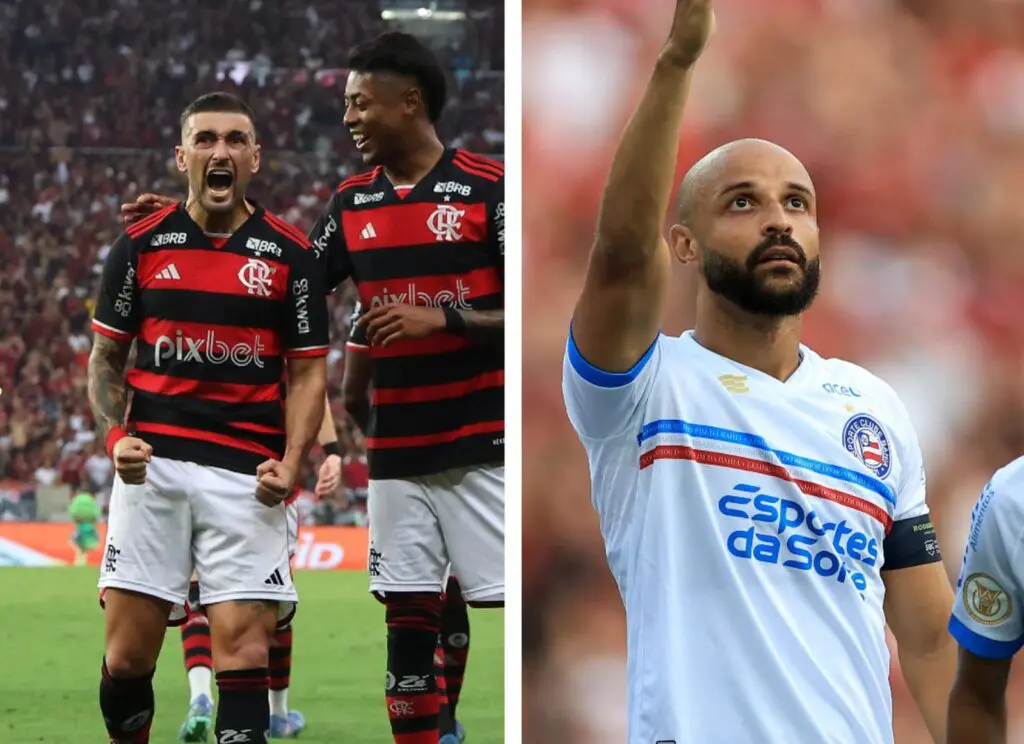 Bruno Henrique e Arrascaeta comemoram gol do Flamengo e Bahia reclama de arbitragem