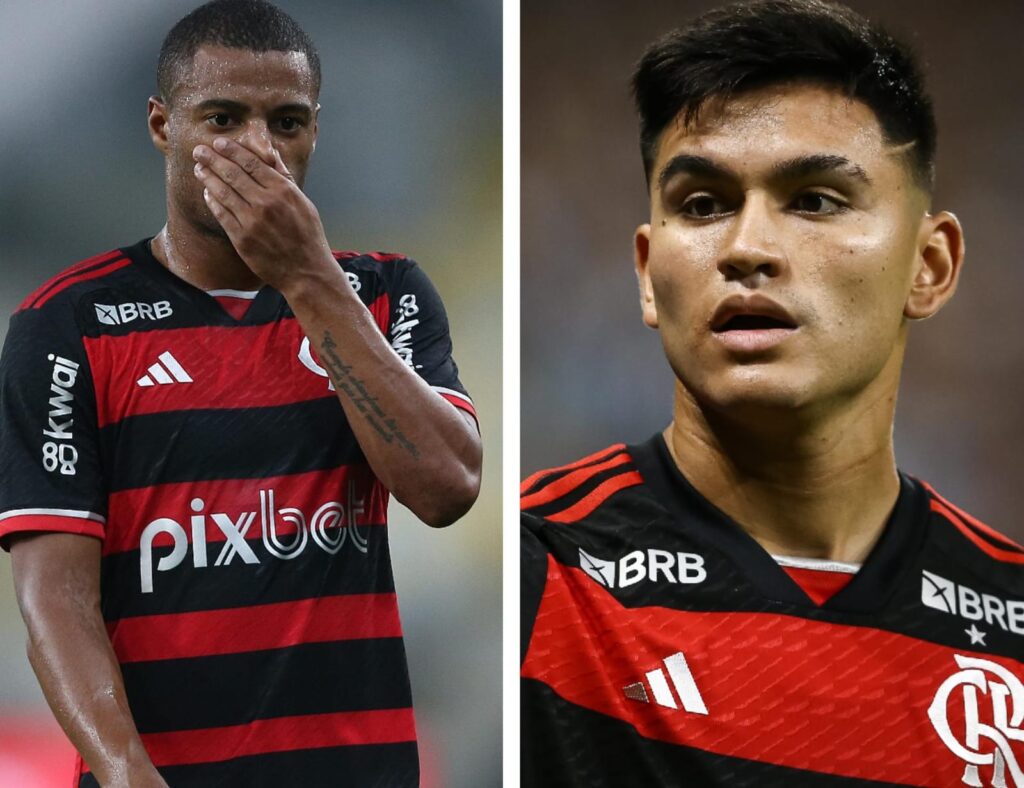 De la Cruz com mão no rosto e Alcaraz gesticulando em jogo do Flamengo